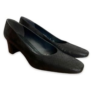 Stuart Weitzman Black Block Heel Pumps Size 7 AA Vintage Square Toe Shiny Dressy